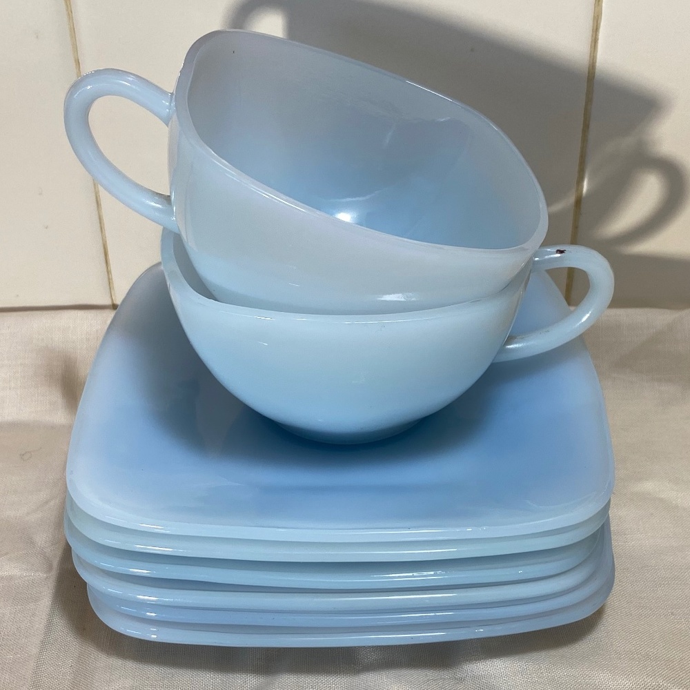 Vintage Blue Milk Glass Cups and Saucers